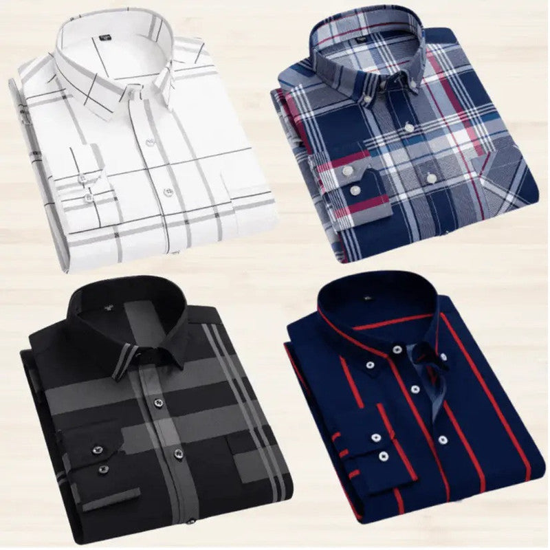 Combo Pack of 4 Men's Full-Sleeve Shirts Premium quality, comfortable, and breathable material (likely a cotton blend) White & Grey|Multi-Color Plaid (Navy/White/Red)|Black & Grey |Navy Blue & Red
