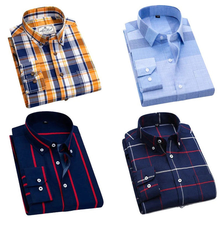 Combo Pack of 4 Men's Full-Sleeve Shirts High-quality, comfortable, and breathable material (likely a cotton blend) Warm Tones Plaid|Light Blue Textured Stripe/Check|Dark Navy & Red Windowpane Plaid|Dark Navy & Red Windowpane Plaid
