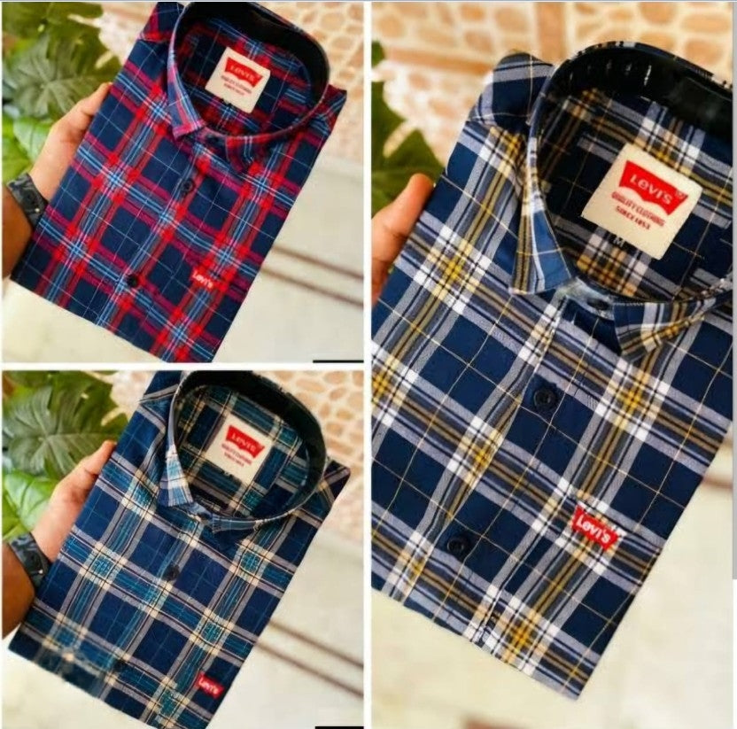 Mens check Shirts (Pack of 3)-High-quality, comfortable Cotton/Flannel Blend,Flattering Regular Fit, Red & Navy Blue Plaid Navy Blue, White, & Yellow Plaid Dark Blue & Aqua Plaid for Suitable for casual, semi-casual