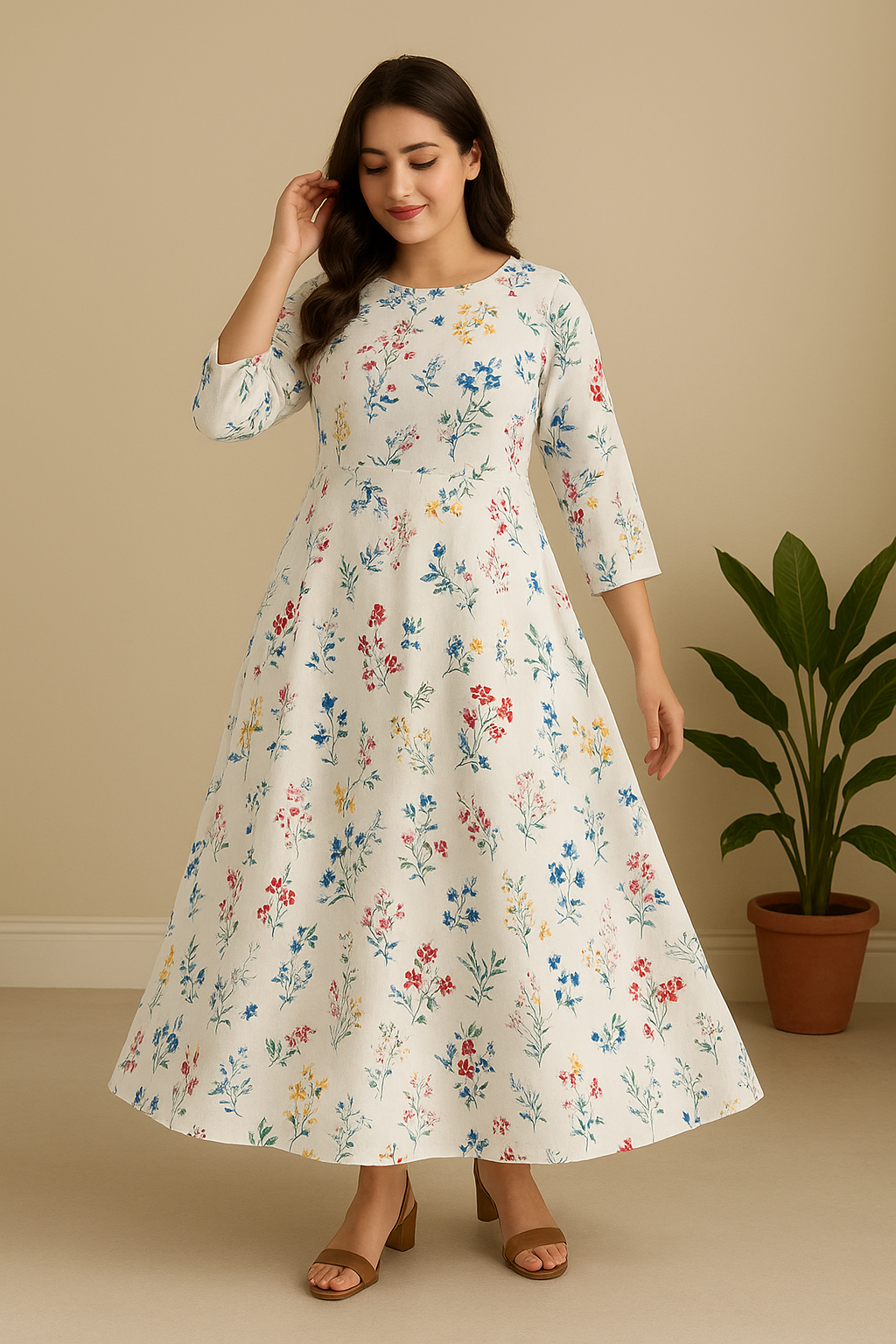 Anarkali Rayon Printed Kurti for Women (White & Blue, M)