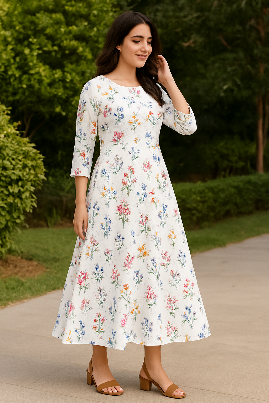 Anarkali Rayon Printed Kurti for Women (White & Blue, M)