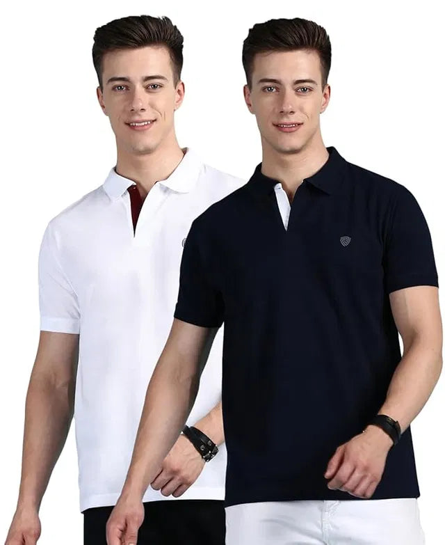 Men's Essential Polo T-shirt Combo - Pack of 2 Solid Navy Blue & White Casual Polos