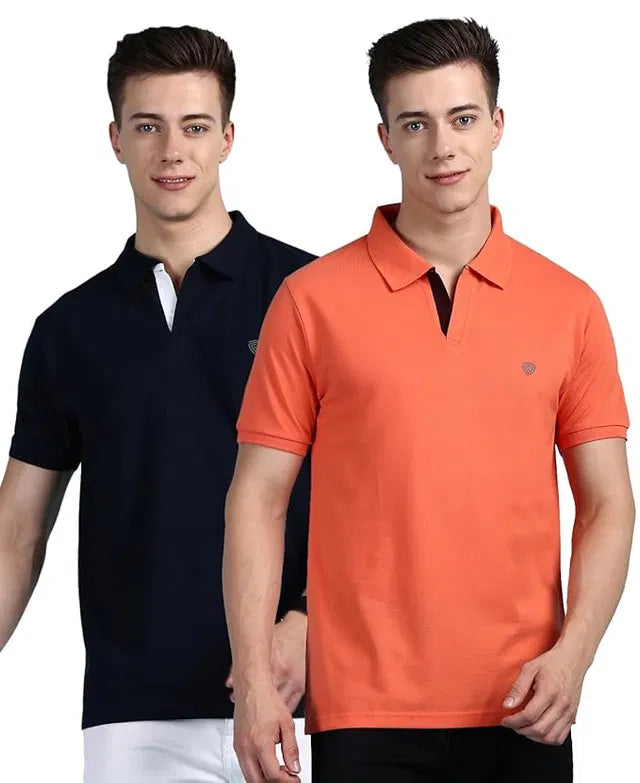 Men's Combo Pack of 2 Solid Polo T-shirts - Navy Blue & Peach/Orange Casual Polos