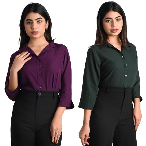 Women's Polyester Stylish Regular Fit Solid Formal Casual Shirts for Women Office Wear 2 Shirt Combo