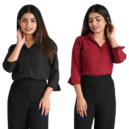 Women's Polyester Stylish Regular Fit Solid Formal Casual Shirts for Women Office Wear 2 Shirt Combo