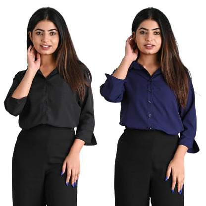 Women's Polyester Stylish Regular Fit Solid Formal Casual Shirts for Women Office Wear 2 Shirt Combo