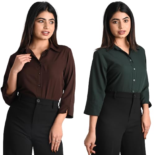 Women's Polyester Stylish Regular Fit Solid Formal Casual Shirts for Women Office Wear 2 Shirt Combo