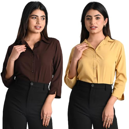 Women's Polyester Stylish Regular Fit Solid Formal Casual Shirts for Women Office Wear 2 Shirt Combo