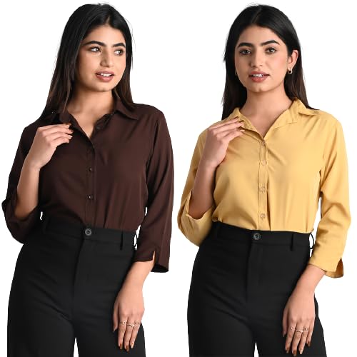Women's Polyester Stylish Regular Fit Solid Formal Casual Shirts for Women Office Wear 2 Shirt Combo
