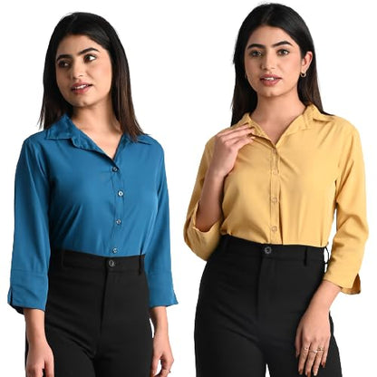 Women's Polyester Stylish Regular Fit Solid Formal Casual Shirts for Women Office Wear 2 Shirt Combo