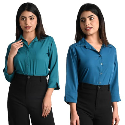 Women's Polyester Stylish Regular Fit Solid Formal Casual Shirts for Women Office Wear 2 Shirt Combo