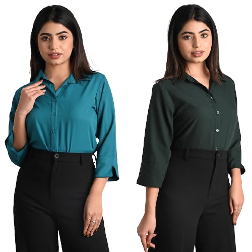 Women's Polyester Stylish Regular Fit Solid Formal Casual Shirts for Women Office Wear 2 Shirt Combo