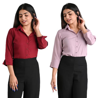 Women's Polyester Stylish Regular Fit Solid Formal Casual Shirts for Women Office Wear 2 Shirt Combo