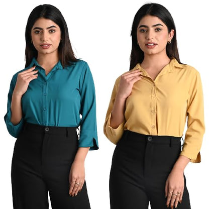 Women's Polyester Stylish Regular Fit Solid Formal Casual Shirts for Women Office Wear 2 Shirt Combo