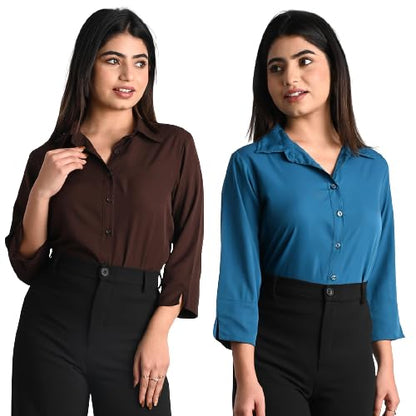 Women's Polyester Stylish Regular Fit Solid Formal Casual Shirts for Women Office Wear 2 Shirt Combo