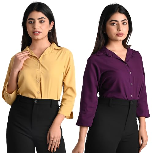 Women's Polyester Stylish Regular Fit Solid Formal Casual Shirts for Women Office Wear 2 Shirt Combo