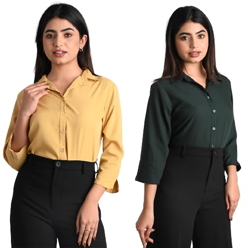 Women's Polyester Stylish Regular Fit Solid Formal Casual Shirts for Women Office Wear 2 Shirt Combo
