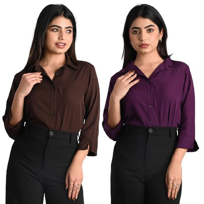 Women's Polyester Stylish Regular Fit Solid Formal Casual Shirts for Women Office Wear 2 Shirt Combo