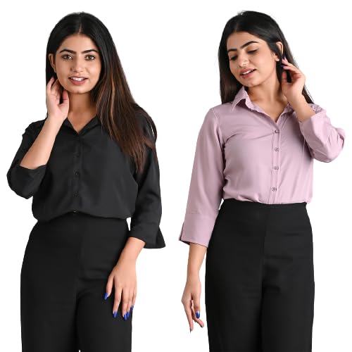 Women's Polyester Stylish Regular Fit Solid Formal Casual Shirts for Women Office Wear 2 Shirt Combo