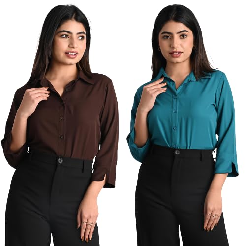 Women's Polyester Stylish Regular Fit Solid Formal Casual Shirts for Women Office Wear 2 Shirt Combo