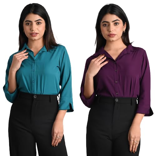Women's Polyester Stylish Regular Fit Solid Formal Casual Shirts for Women Office Wear 2 Shirt Combo