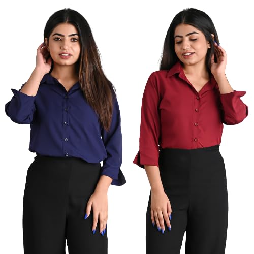 Women's Polyester Stylish Regular Fit Solid Formal Casual Shirts for Women Office Wear 2 Shirt Combo