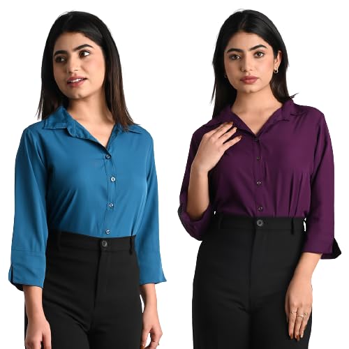 Women's Polyester Stylish Regular Fit Solid Formal Casual Shirts for Women Office Wear 2 Shirt Combo