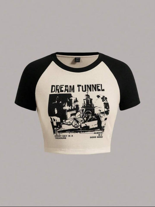 Wear Wild Women's Dream Tunnel Graphic Cotton Ribbed Round Neck Short Sleeve Casual Slim Fit Crop Tops (Beige-M)