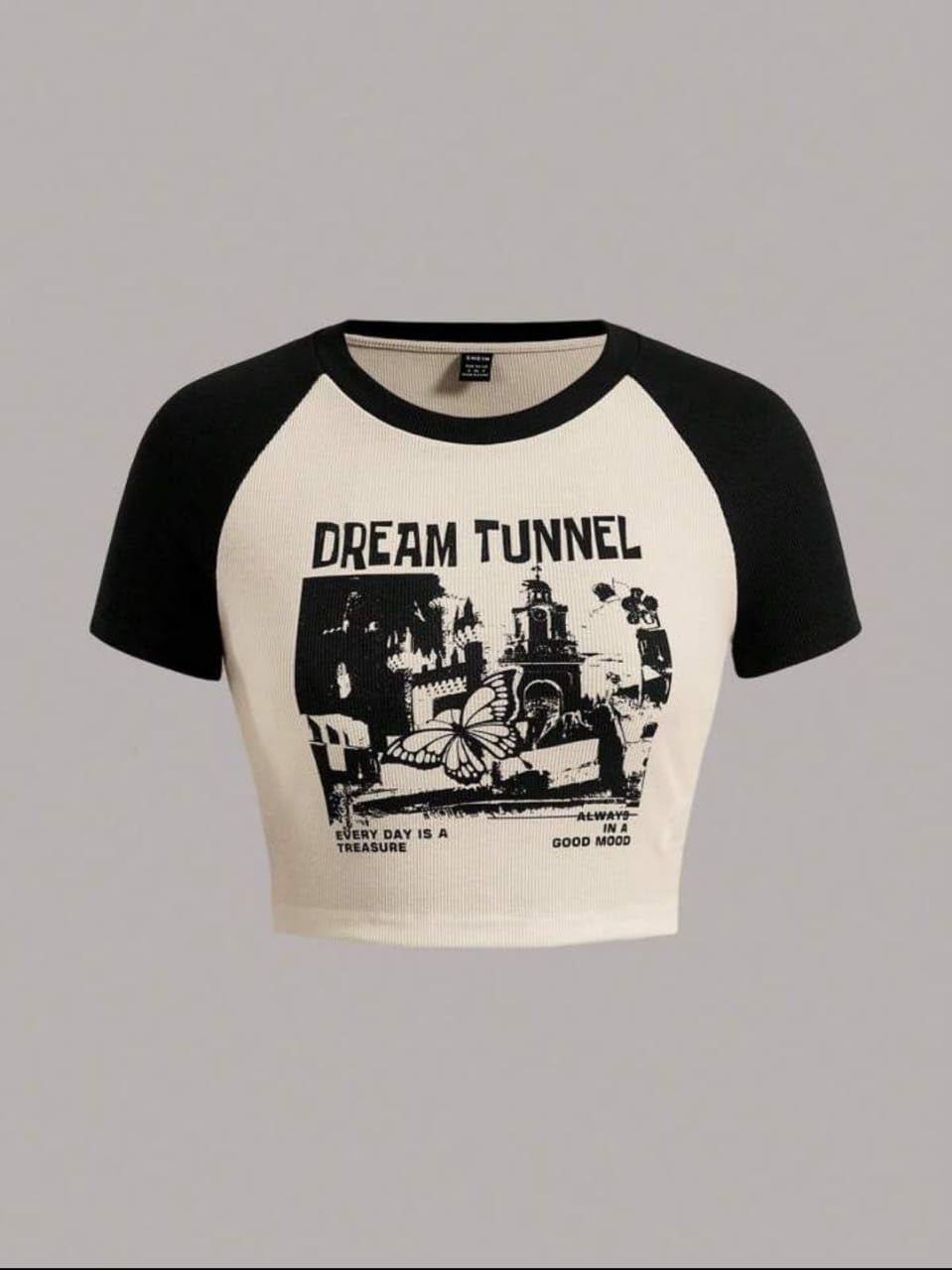 Wear Wild Women's Dream Tunnel Graphic Cotton Ribbed Round Neck Short Sleeve Casual Slim Fit Crop Tops (Beige-M)