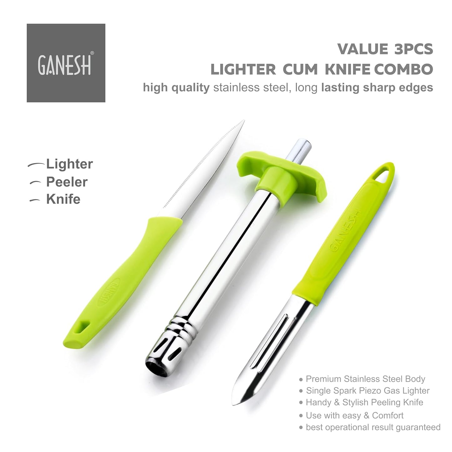 Ganesh Stainless Steel Gas Lighter with Knife & Peeler for Kitchen Use Restaurants Metal Gas Stove Lighter Regular Size Easy Grip, 3-Piece, Colour May Vary Colour