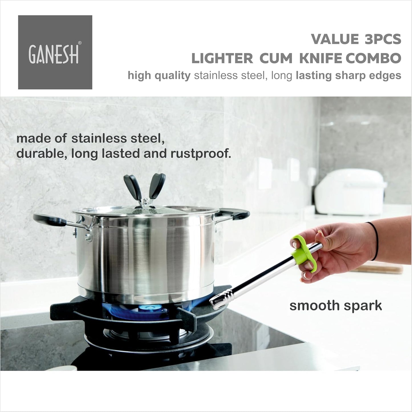Ganesh Stainless Steel Gas Lighter with Knife & Peeler for Kitchen Use Restaurants Metal Gas Stove Lighter Regular Size Easy Grip, 3-Piece, Colour May Vary Colour