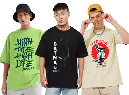 LEOTUDE Men's Cotton Oversized Fit Half Sleeve Oversized Printed T-Shirt, Round Neck Longline Drop Shoulder | ful Printed Combo T-Shirt (Pack of 3)