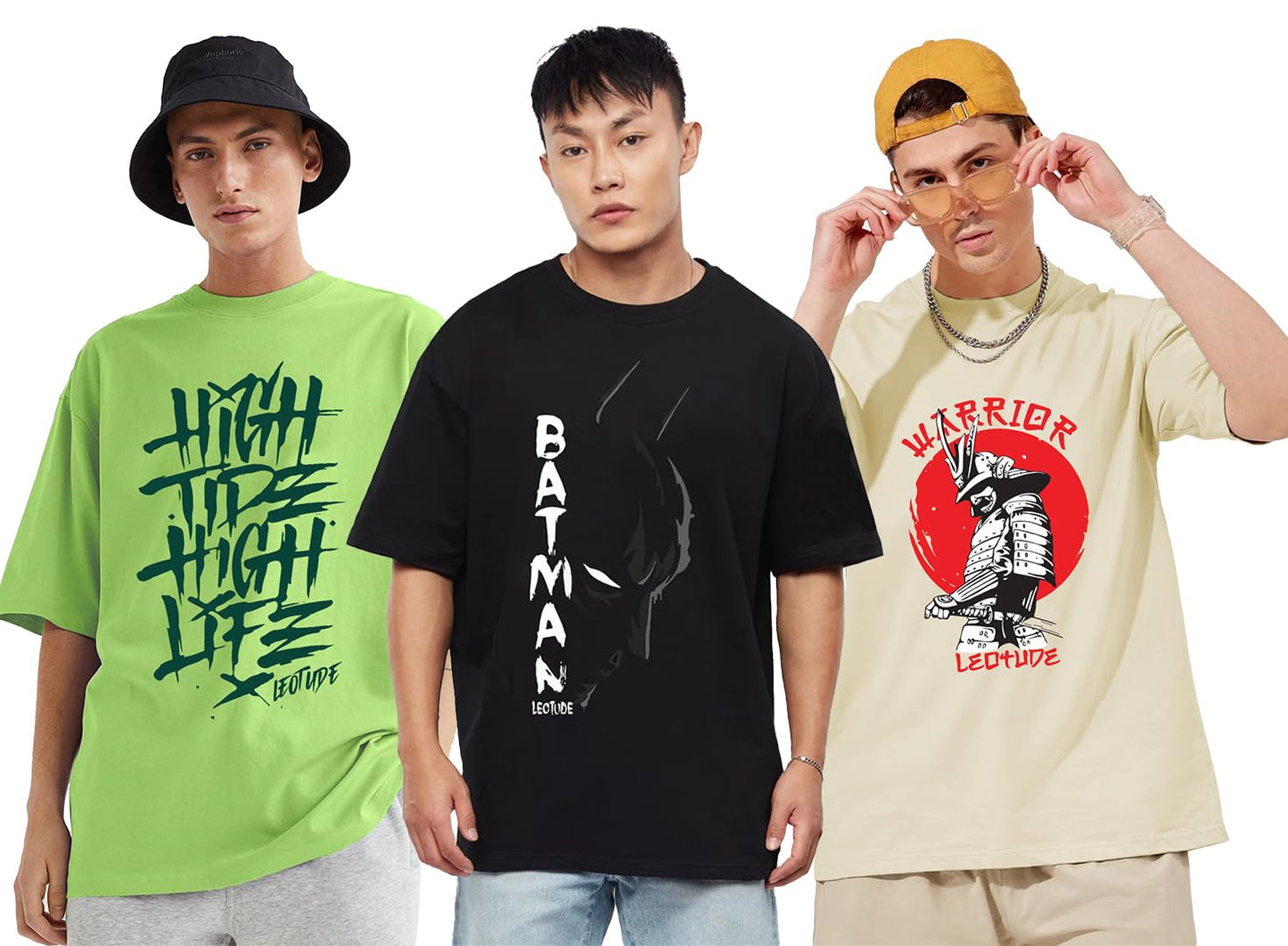 LEOTUDE Men's Cotton Oversized Fit Half Sleeve Oversized Printed T-Shirt, Round Neck Longline Drop Shoulder | ful Printed Combo T-Shirt (Pack of 3)