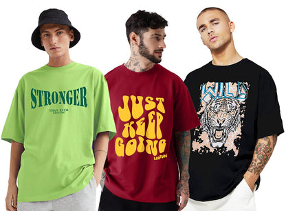 LEOTUDE Men's Cotton Oversized Fit Half Sleeve Oversized Printed T-Shirt, Round Neck Longline Drop Shoulder | ful Printed Combo T-Shirt (Pack of 3)