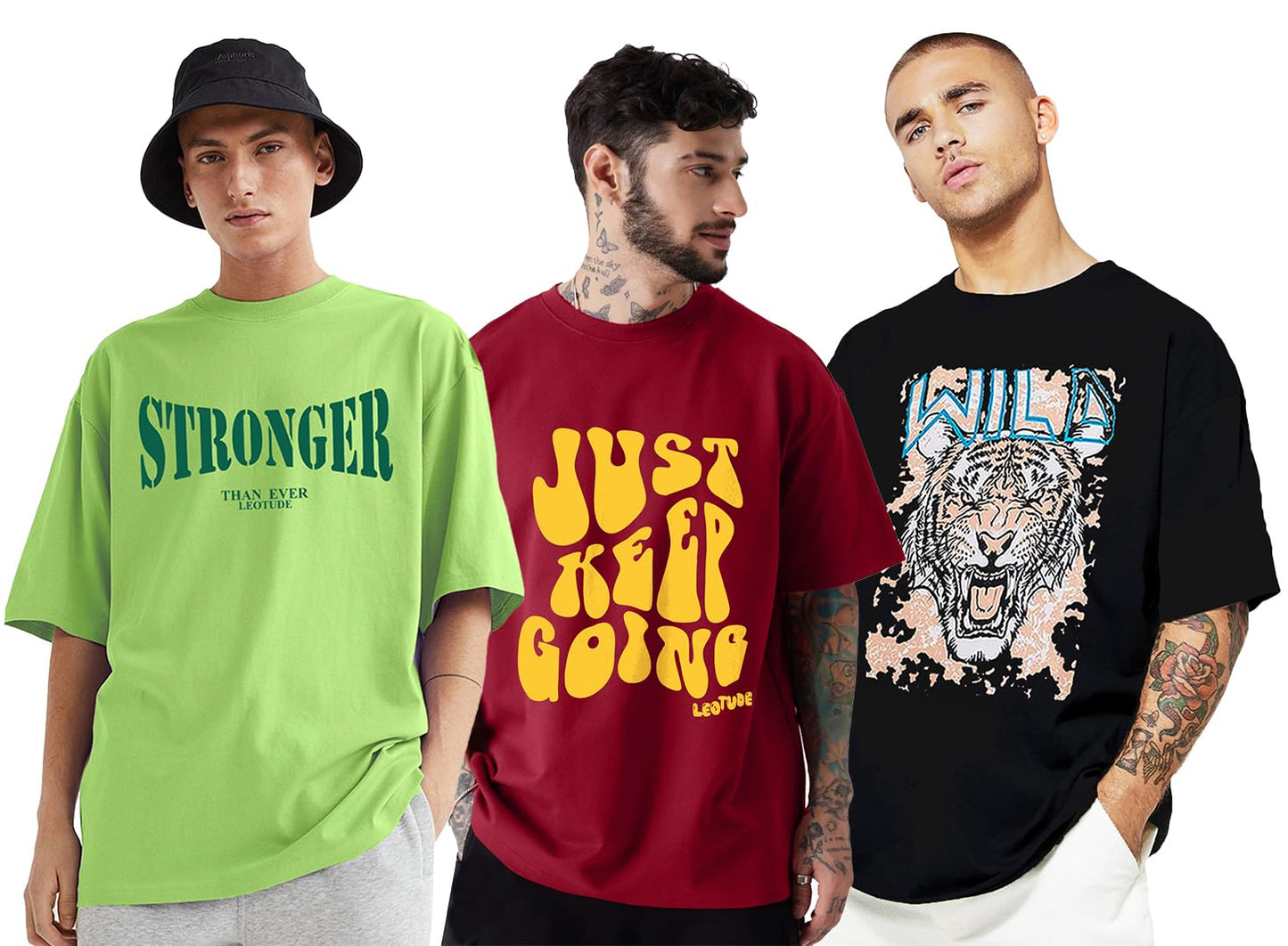 LEOTUDE Men's Cotton Oversized Fit Half Sleeve Oversized Printed T-Shirt, Round Neck Longline Drop Shoulder | ful Printed Combo T-Shirt (Pack of 3)