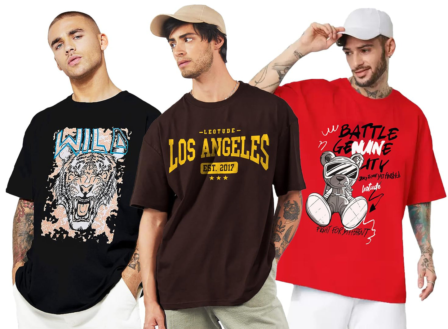 LEOTUDE Men's Cotton Oversized Fit Half Sleeve Oversized Printed T-Shirt, Round Neck Longline Drop Shoulder | ful Printed Combo T-Shirt (Pack of 3)
