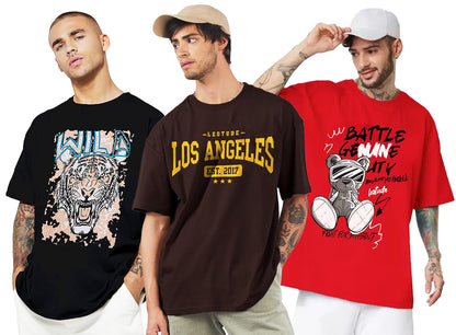 LEOTUDE Men's Cotton Oversized Fit Half Sleeve Oversized Printed T-Shirt, Round Neck Longline Drop Shoulder | ful Printed Combo T-Shirt (Pack of 3)