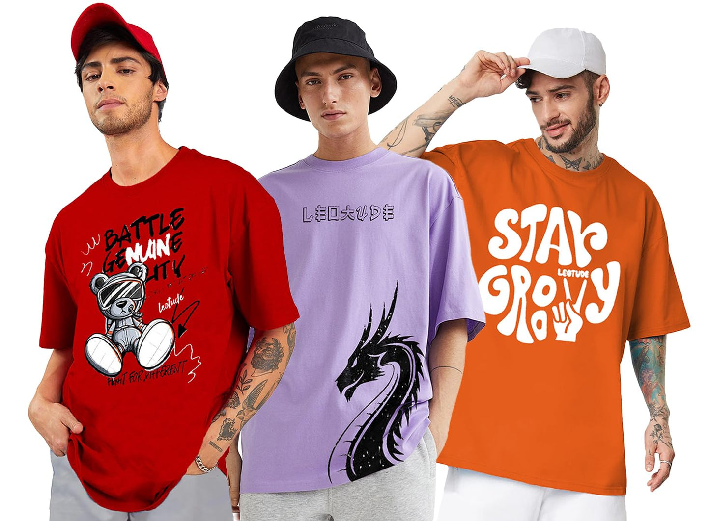 LEOTUDE Men's Cotton Oversized Fit Half Sleeve Oversized Printed T-Shirt, Round Neck Longline Drop Shoulder | ful Printed Combo T-Shirt (Pack of 3)