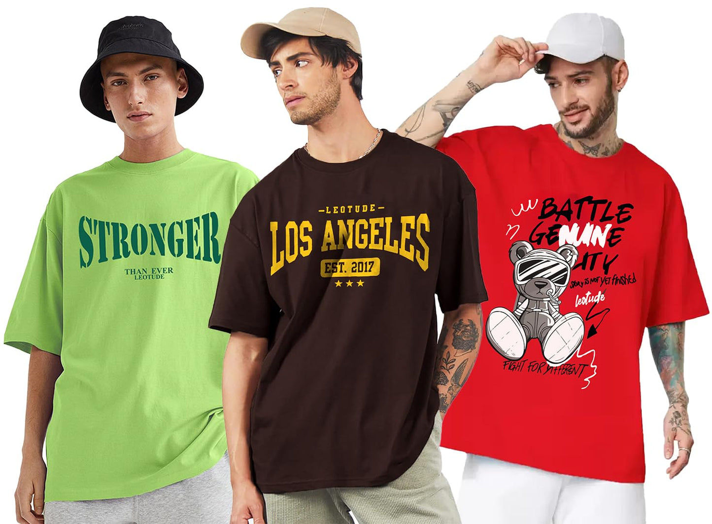 LEOTUDE Men's Cotton Oversized Fit Half Sleeve Oversized Printed T-Shirt, Round Neck Longline Drop Shoulder | ful Printed Combo T-Shirt (Pack of 3)
