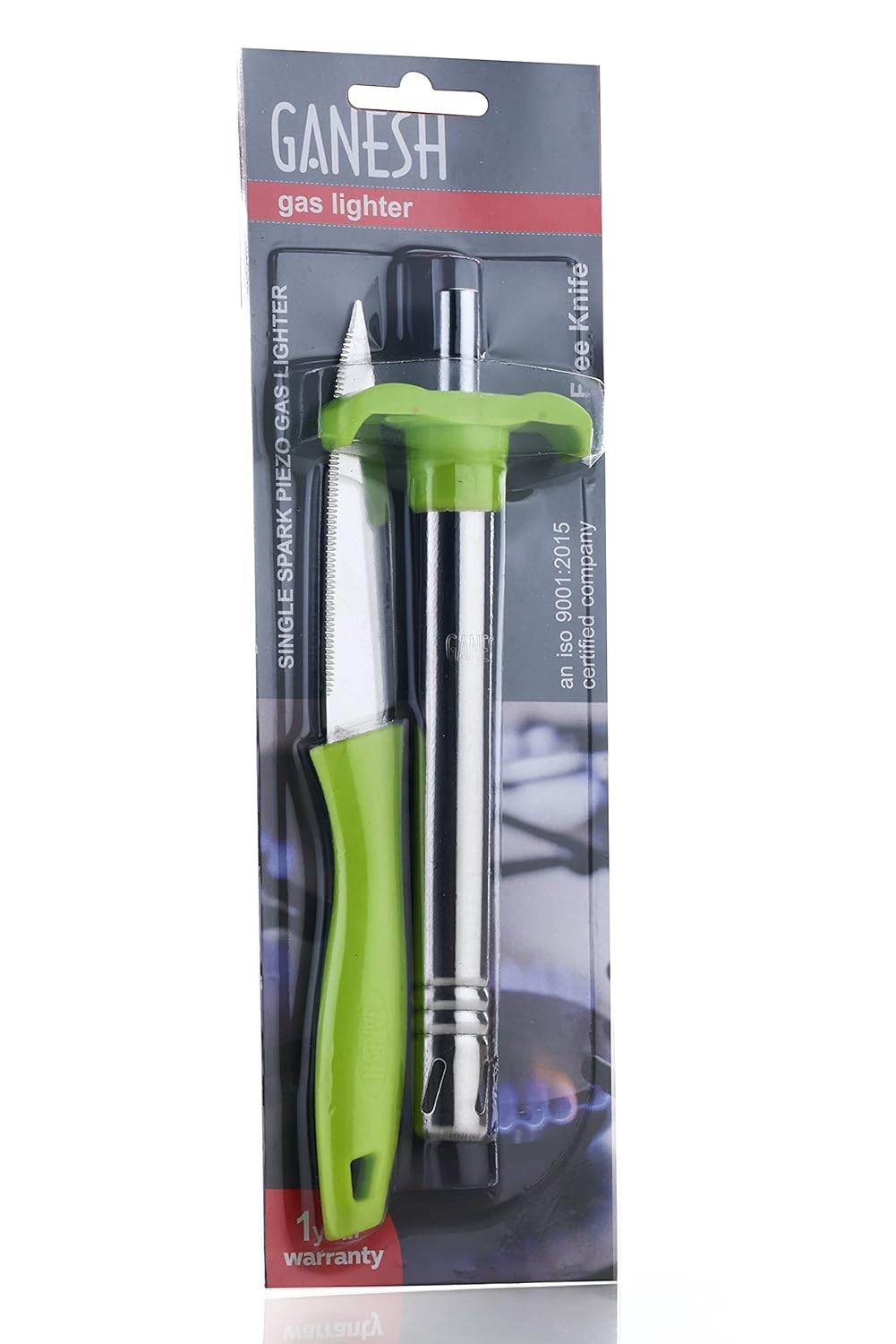 Gas Lighter with Free Knife for Kitchen Use | Regular Size Easy Grip, Silver