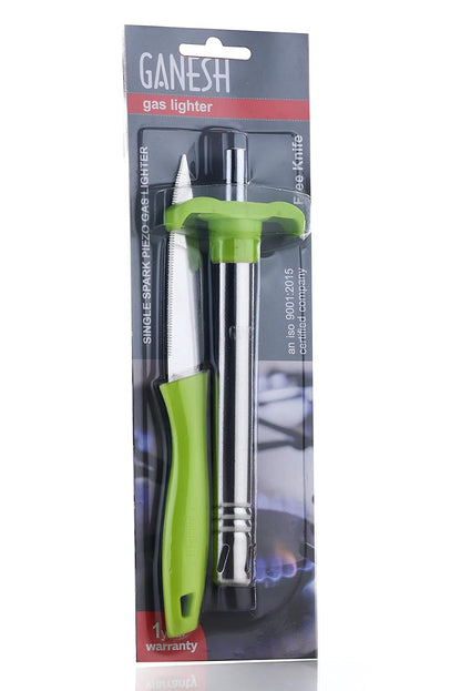 Gas Lighter with Free Knife for Kitchen Use | Regular Size Easy Grip, Silver