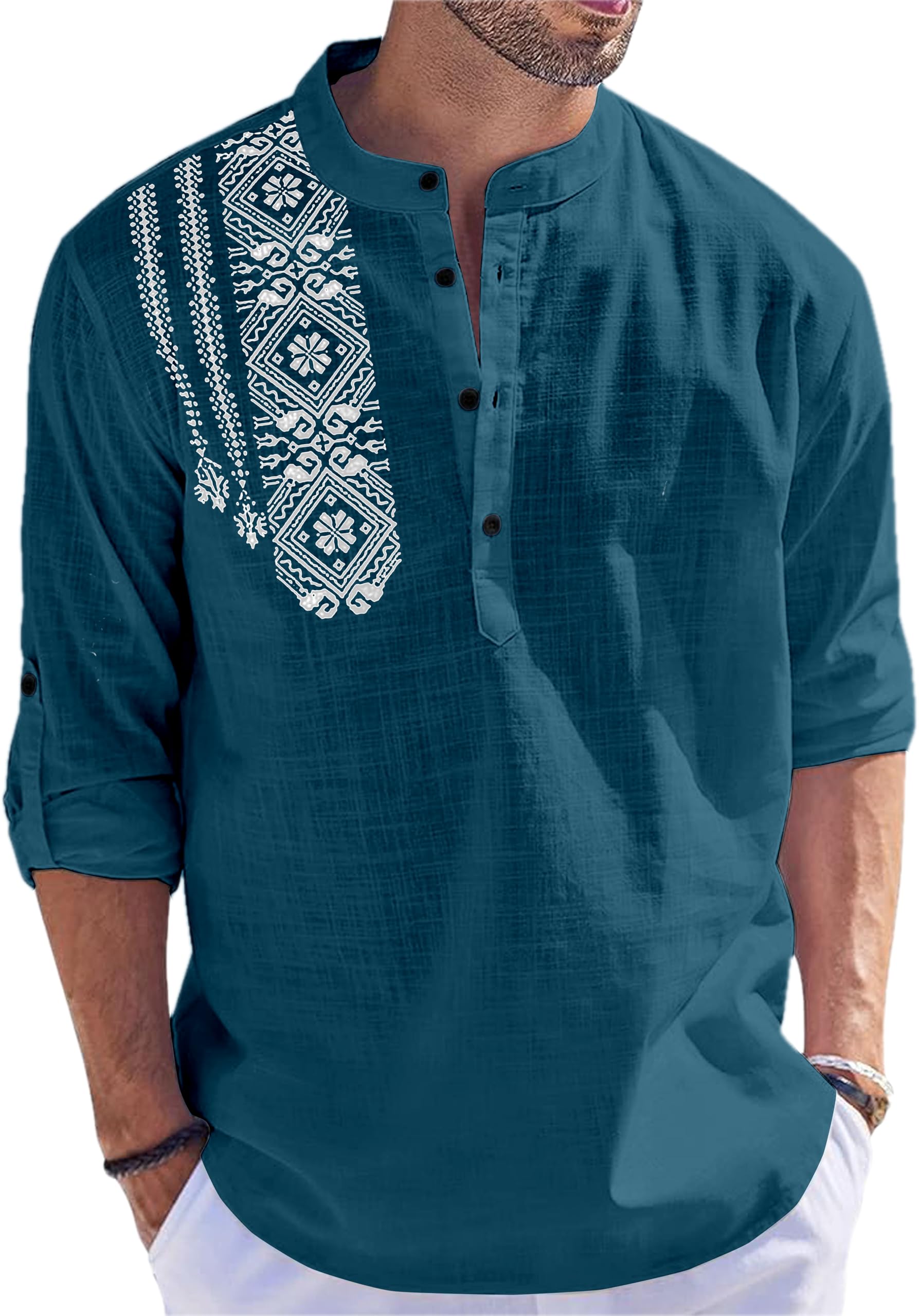 FOLGEN Men's Solid Cotton Blend Full Sleeve Straight Kurta Regular Fit Short Kurta Shirt for Men