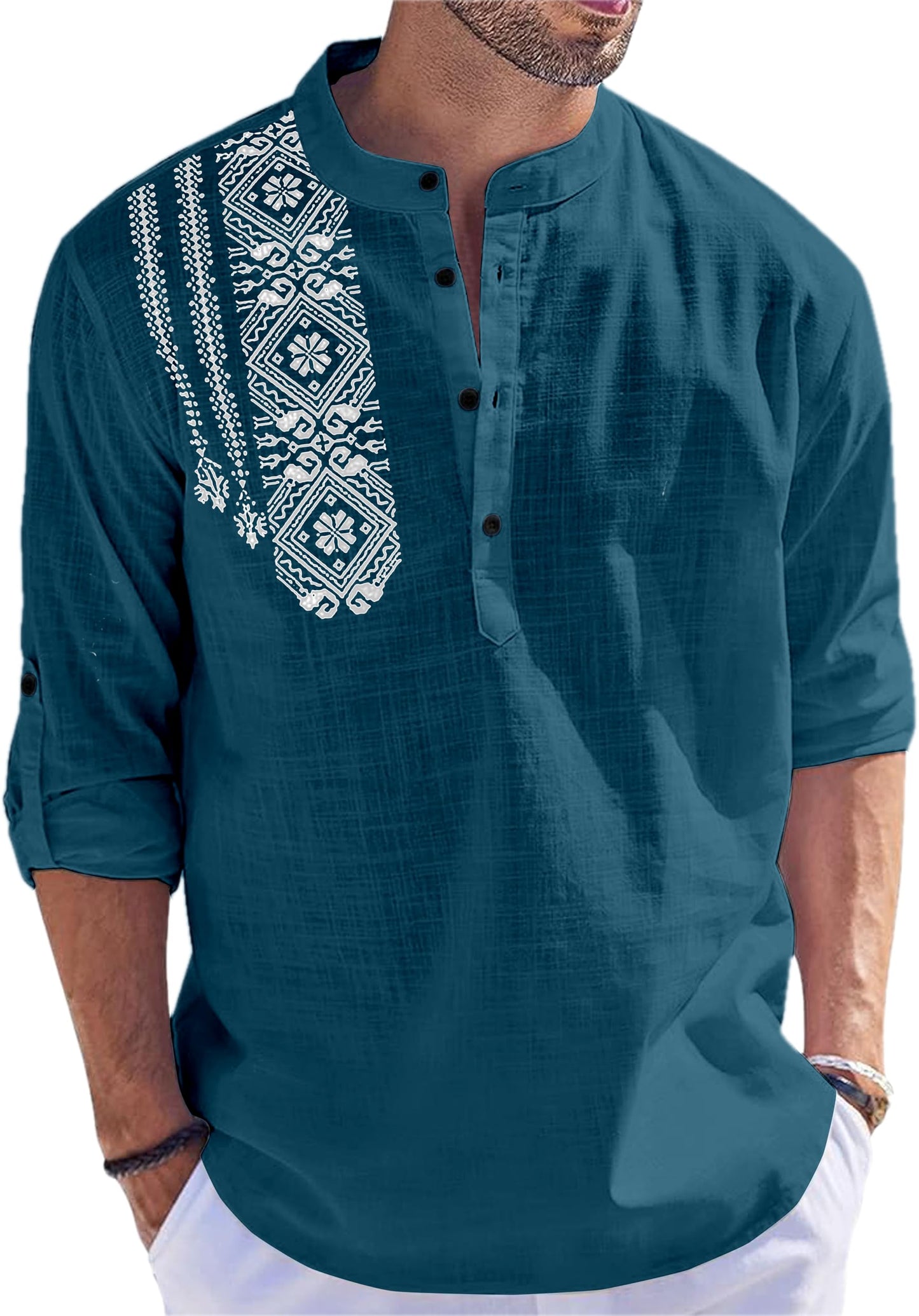 FOLGEN Men's Solid Cotton Blend Full Sleeve Straight Kurta Regular Fit Short Kurta Shirt for Men
