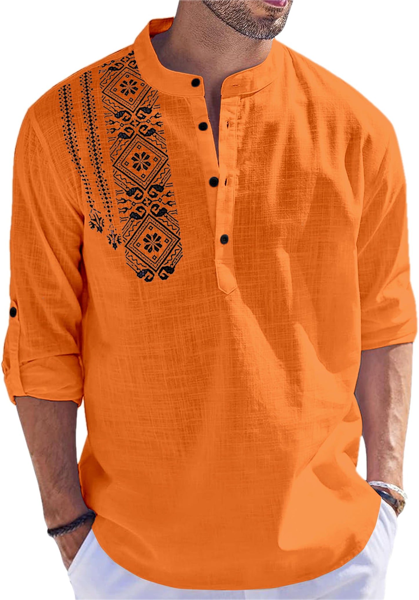 FOLGEN Men's Solid Cotton Blend Full Sleeve Straight Kurta Regular Fit Short Kurta Shirt for Men