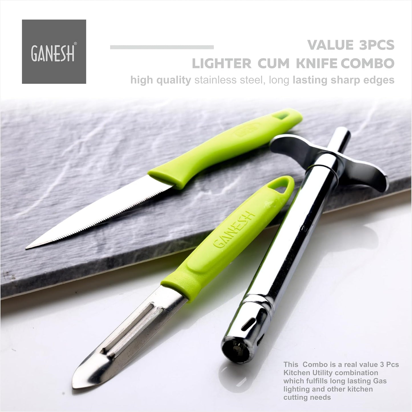 Ganesh Stainless Steel Gas Lighter with Knife & Peeler for Kitchen Use Restaurants Metal Gas Stove Lighter Regular Size Easy Grip, 3-Piece, Colour May Vary Colour