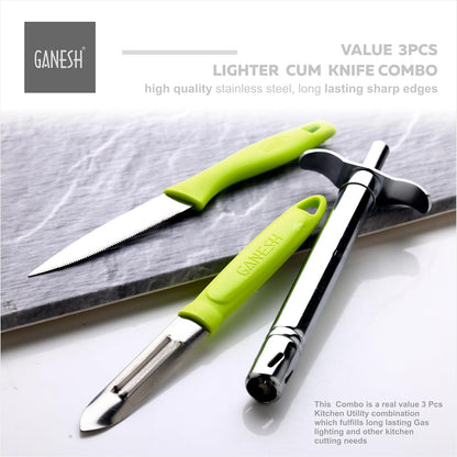 Ganesh Stainless Steel Gas Lighter with Knife & Peeler for Kitchen Use Restaurants Metal Gas Stove Lighter Regular Size Easy Grip, 3-Piece, Colour May Vary Colour