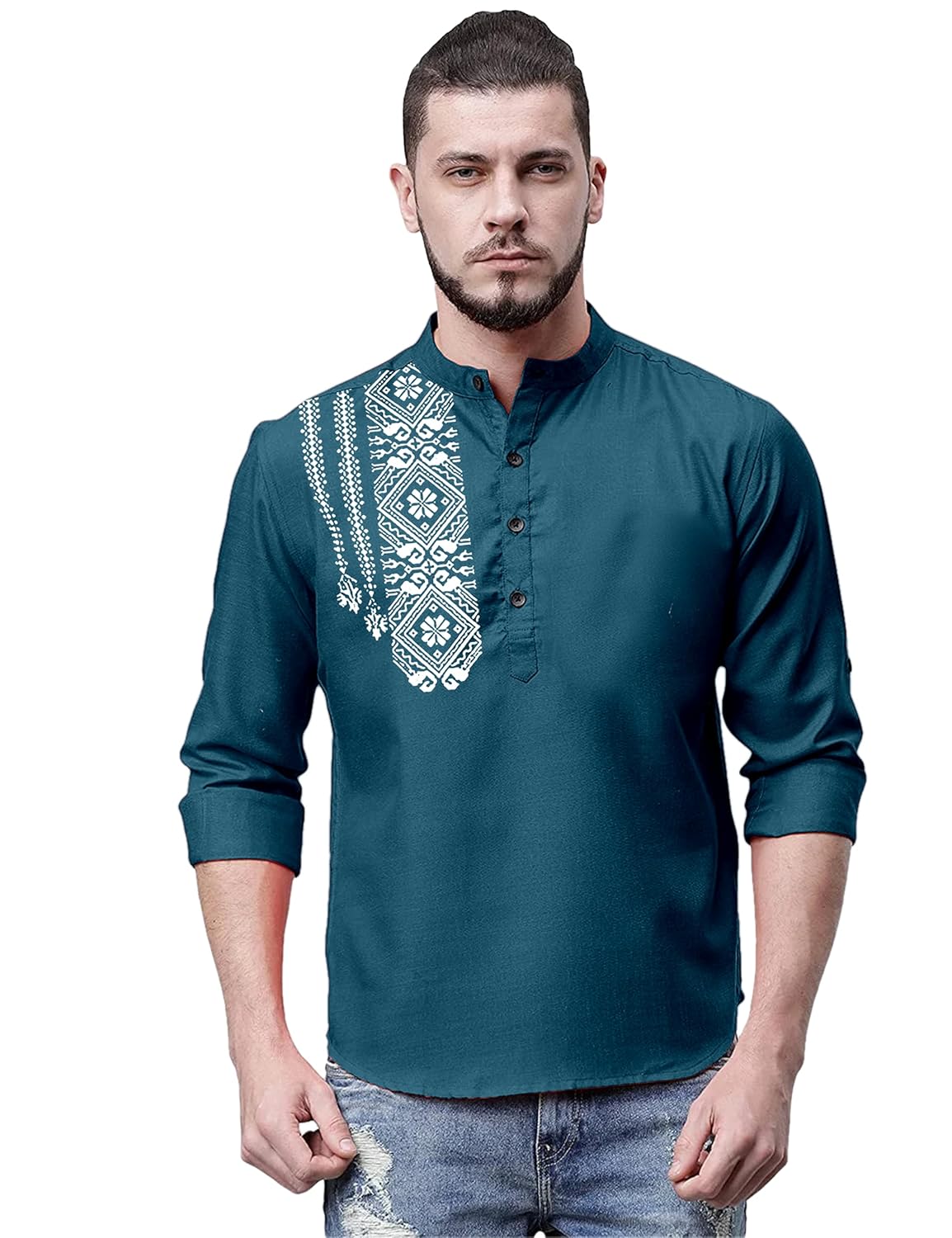 FOLGEN Men's Solid Cotton Blend Full Sleeve Straight Kurta Regular Fit Short Kurta Shirt for Men