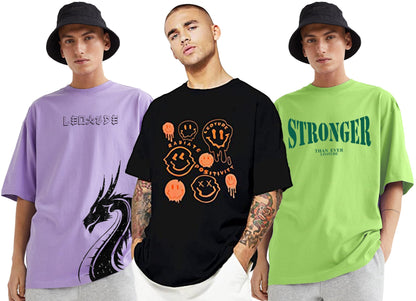 LEOTUDE Men's Cotton Oversized Fit Half Sleeve Oversized Printed T-Shirt, Round Neck Longline Drop Shoulder | ful Printed Combo T-Shirt (Pack of 3)
