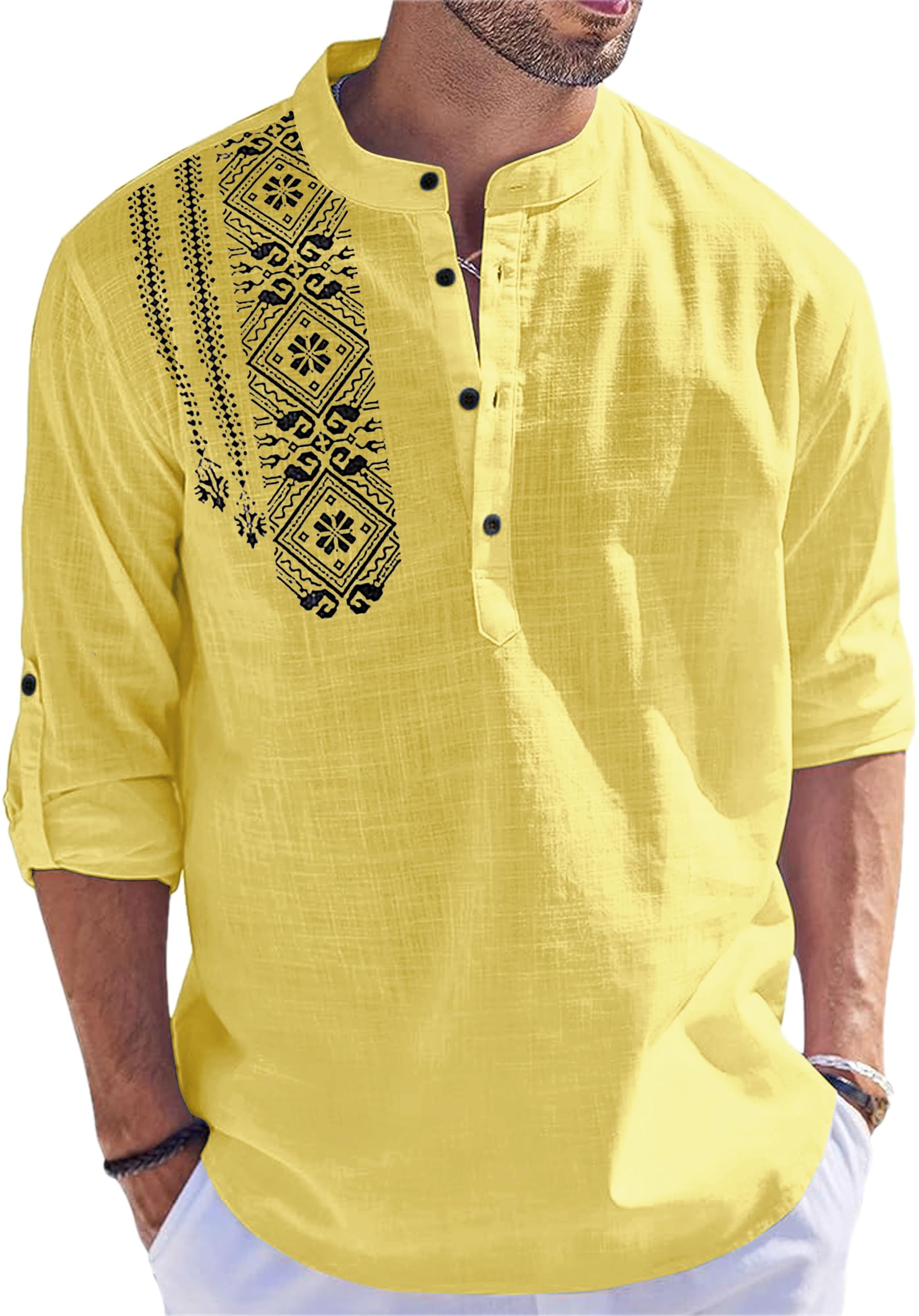 FOLGEN Men's Solid Cotton Blend Full Sleeve Straight Kurta Regular Fit Short Kurta Shirt for Men
