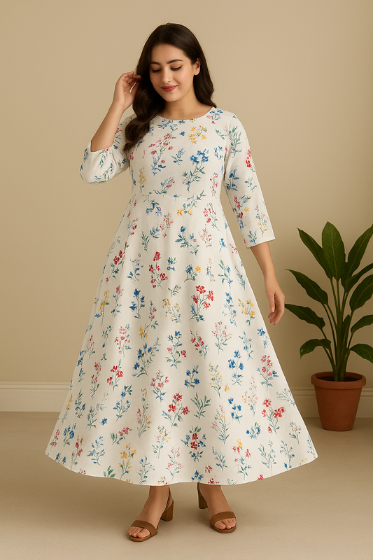 Anarkali Rayon Printed Kurti for Women (White & Blue, M)